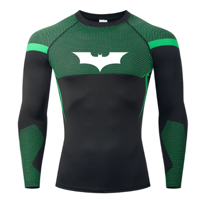 Bat Print Long Sleeve Compression Shirts for Men Gym Workout Running Tees Athletic Quick Dry Tshirts Tops Rash Guard Baselayers