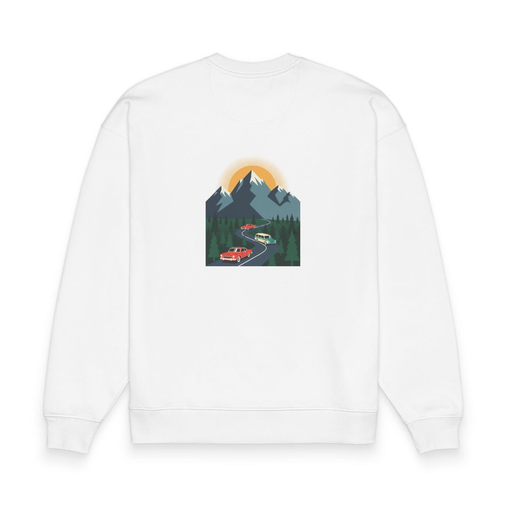 Mountain Roadback Sweatshirt — Scenic Sunset Car Graphic