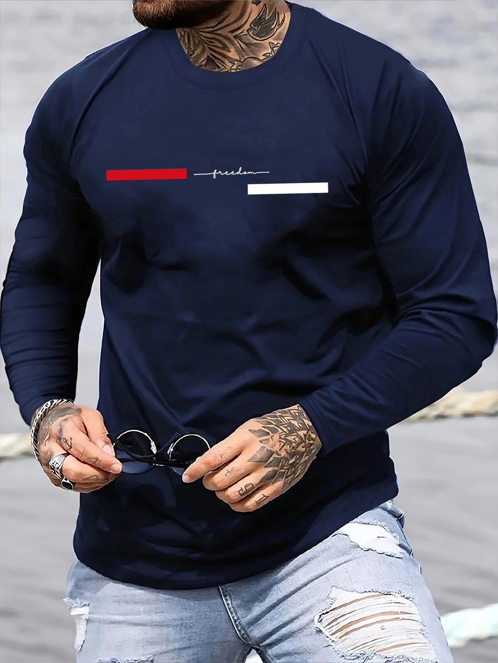 100% pure cotton men's long sleeved round neck loose casual freedom letter pattern printed spring and autumn versatile T-shirt