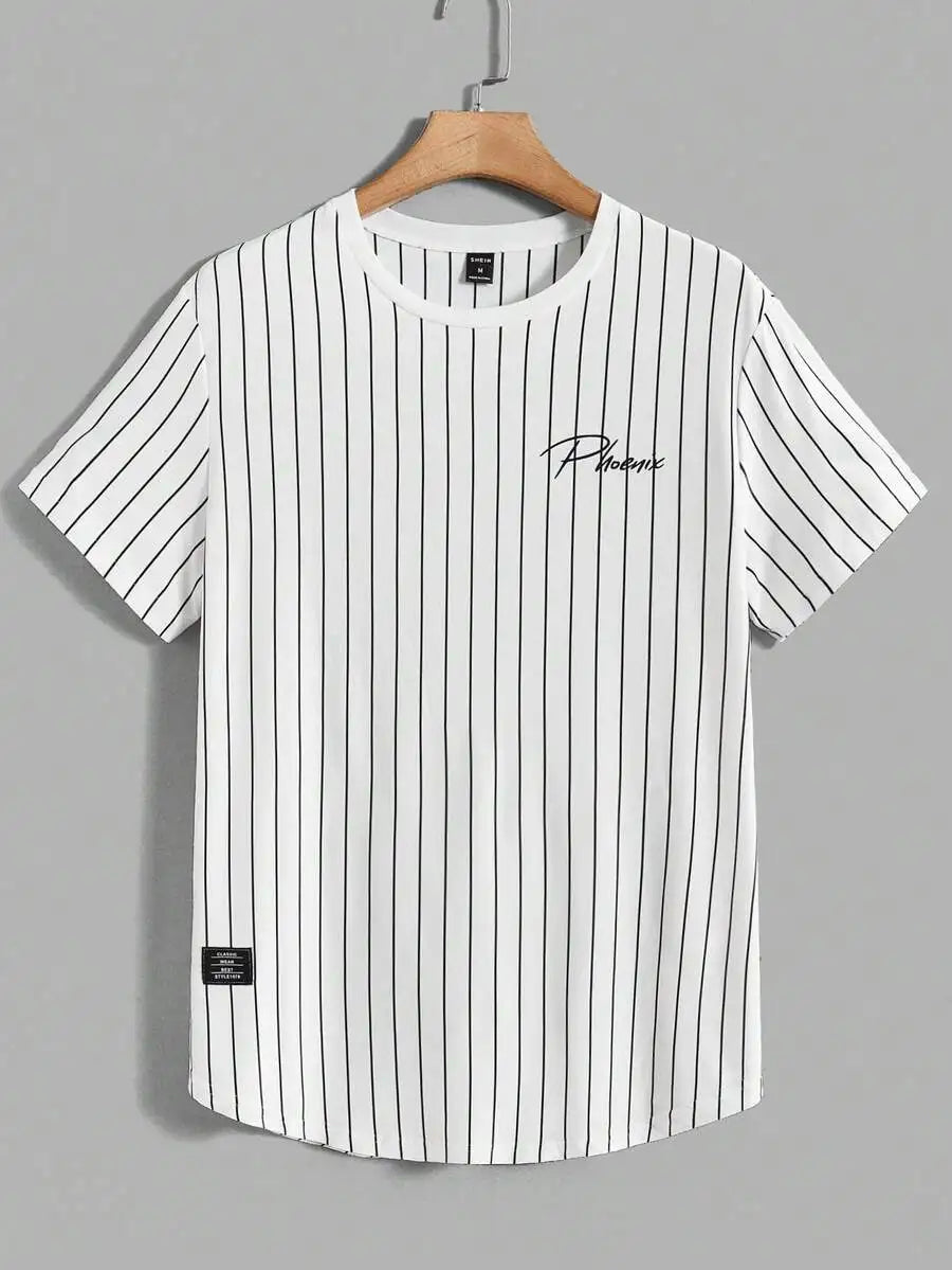 Men's White Black Vertical Stripe Graphic Tee, Casual Streetwear Style