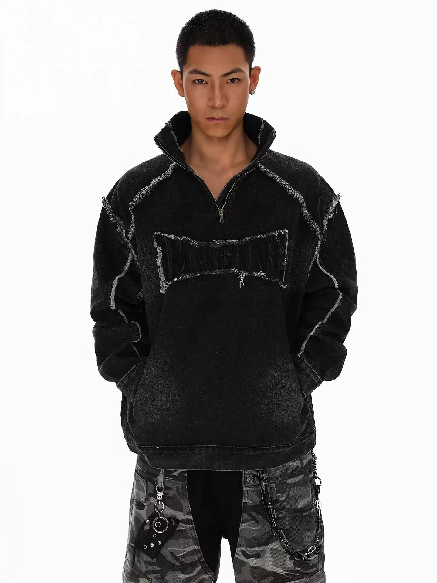 American Style High Street Splicing For Man New Style Handsome Loose Stand Collar Washing Fashionable Denim Sweatshirt