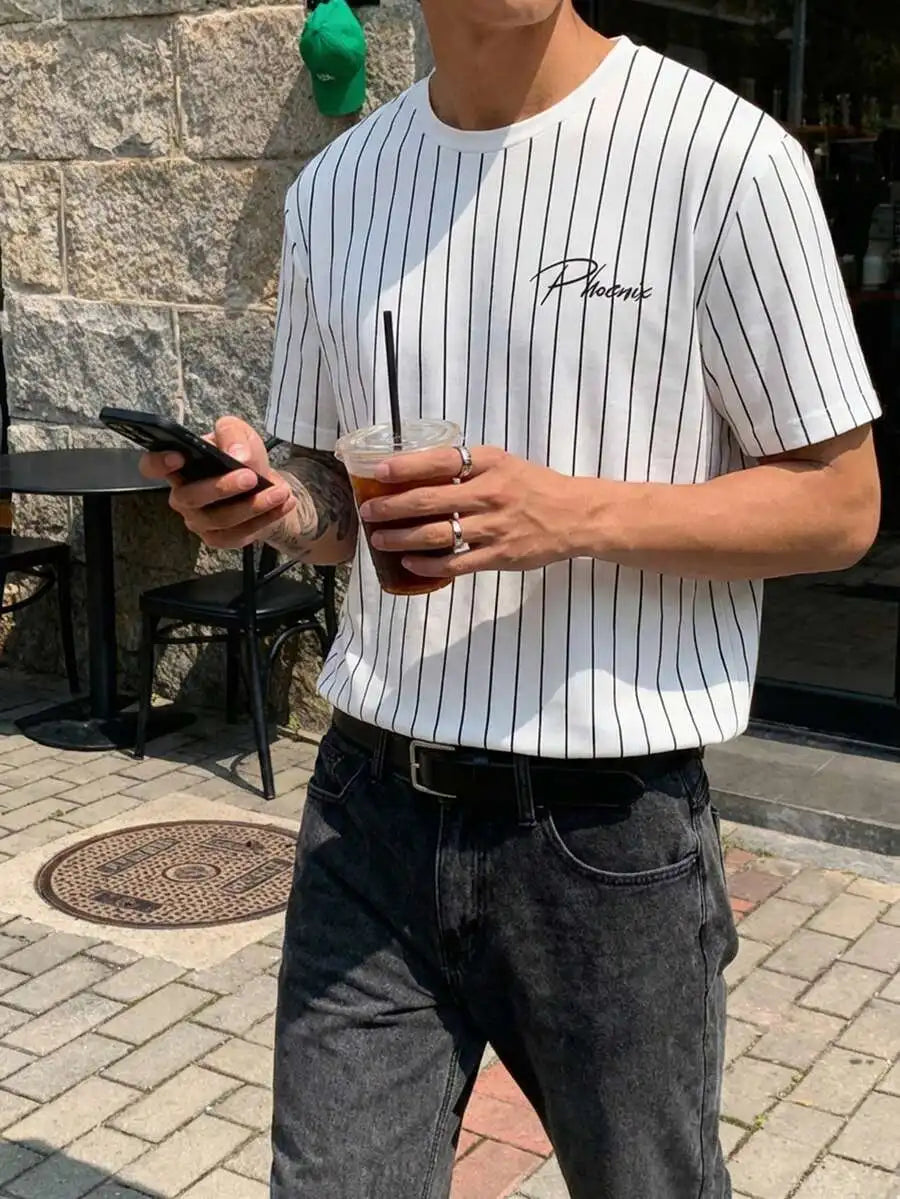 Men's White Black Vertical Stripe Graphic Tee, Casual Streetwear Style