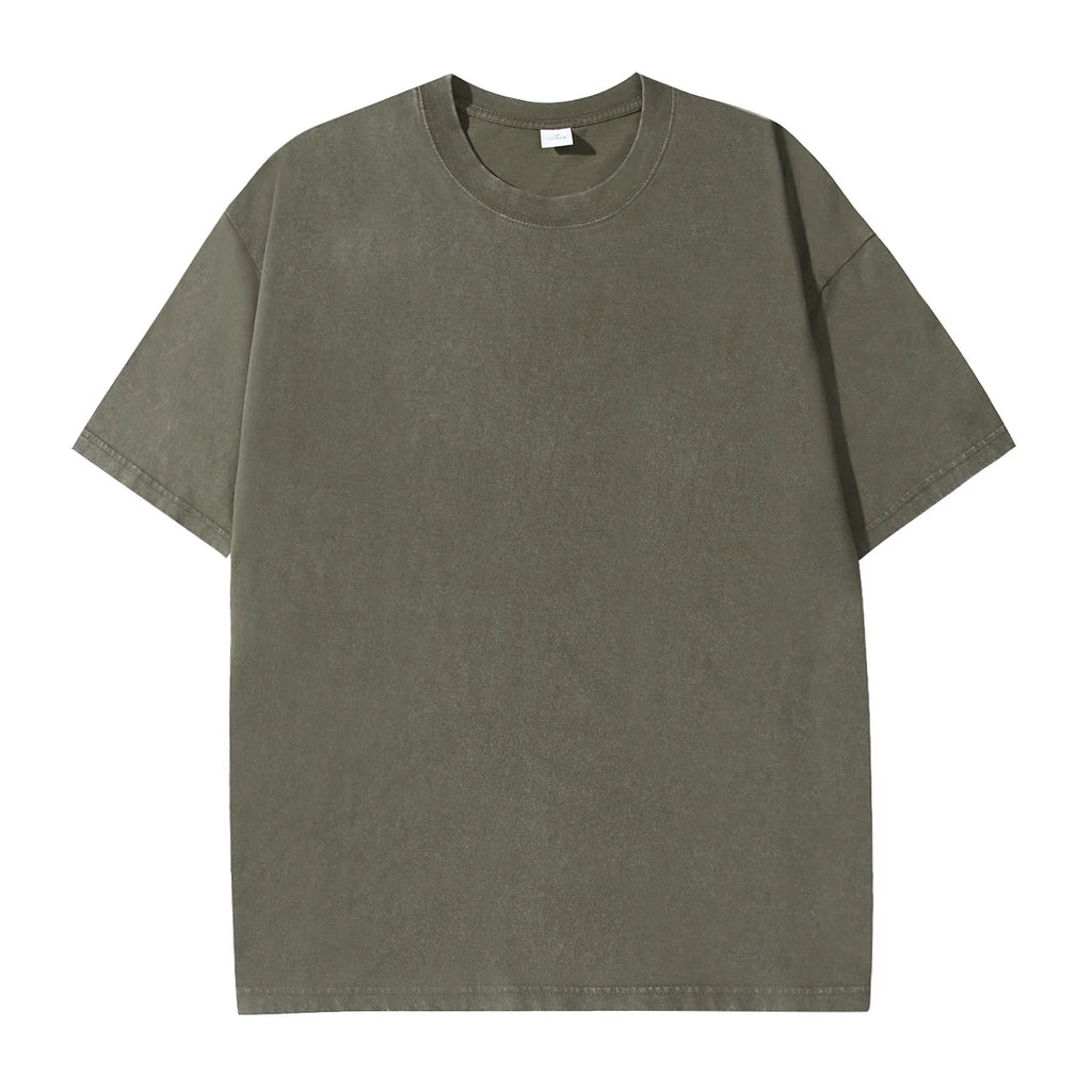 Men's summer pure cotton distressed retro drop shoulder T-shirt solid color loose casual breathable men's casual T-shirt tops