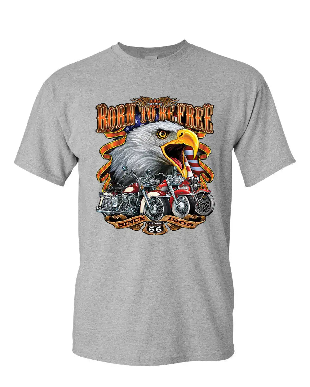 Born To Be Free Historic Route 66 Bald Eagle Motorcycle T-Shirt 100% Cotton O-Neck Short Sleeve Summer Casual Mens T-shirt