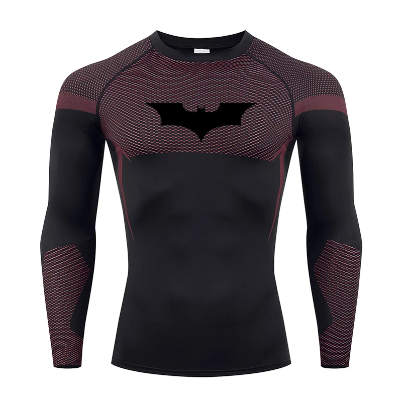 Bat Print Long Sleeve Compression Shirts for Men Gym Workout Running Tees Athletic Quick Dry Tshirts Tops Rash Guard Baselayers