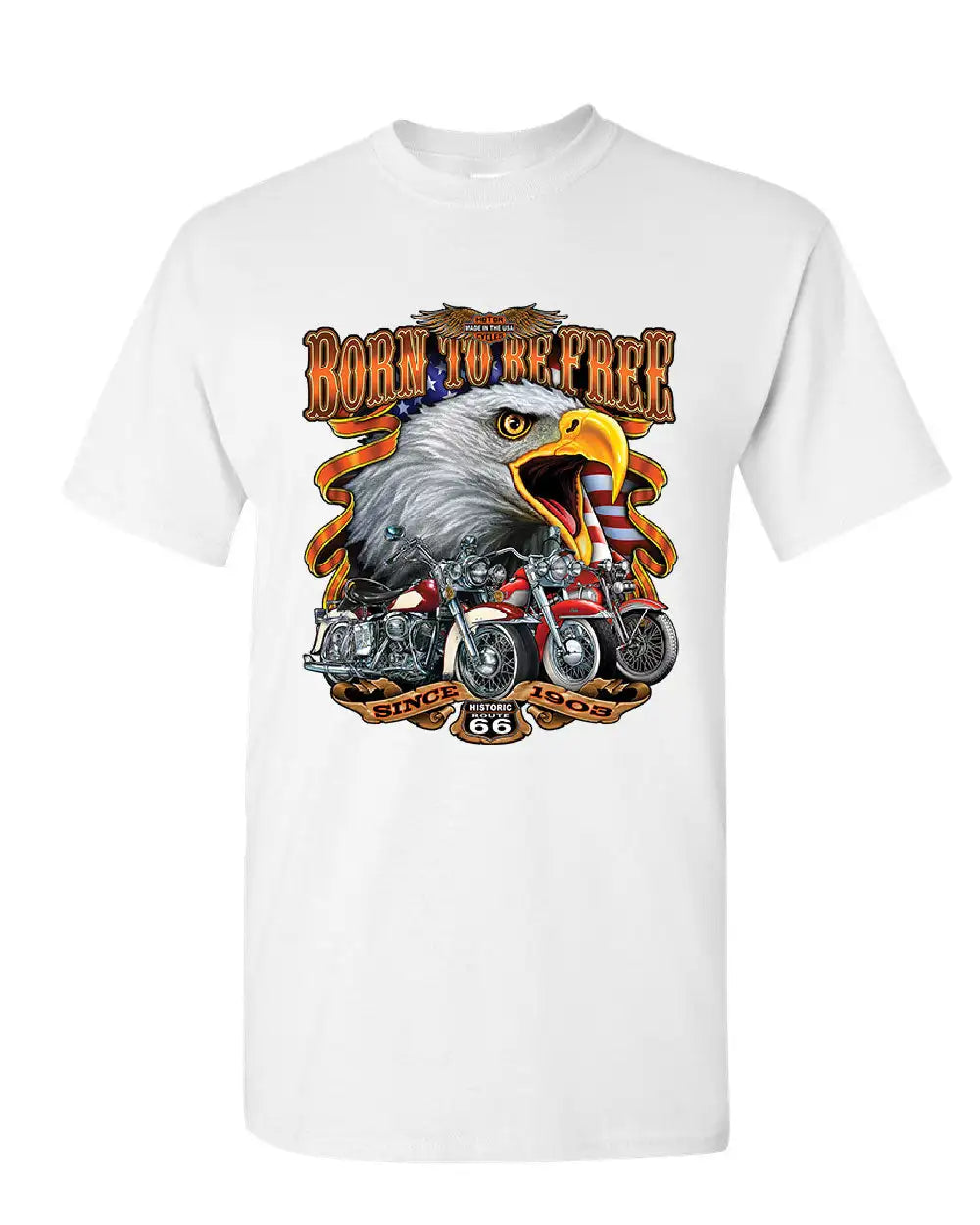 Born To Be Free Historic Route 66 Bald Eagle Motorcycle T-Shirt 100% Cotton O-Neck Short Sleeve Summer Casual Mens T-shirt