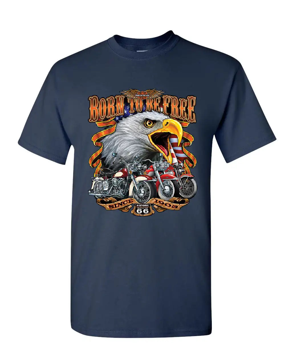 Born To Be Free Historic Route 66 Bald Eagle Motorcycle T-Shirt 100% Cotton O-Neck Short Sleeve Summer Casual Mens T-shirt