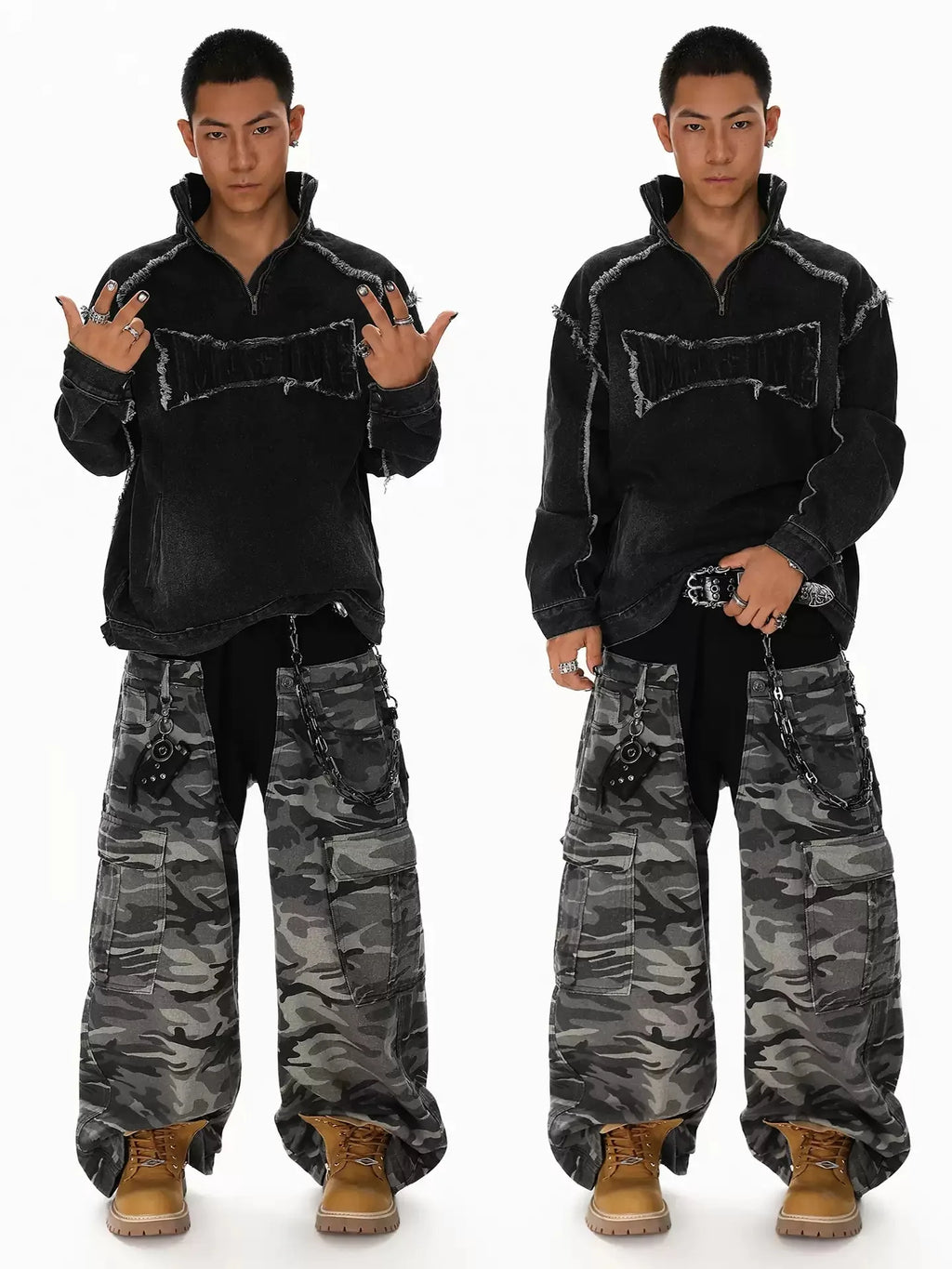 American Style High Street Splicing For Man New Style Handsome Loose Stand Collar Washing Fashionable Denim Sweatshirt