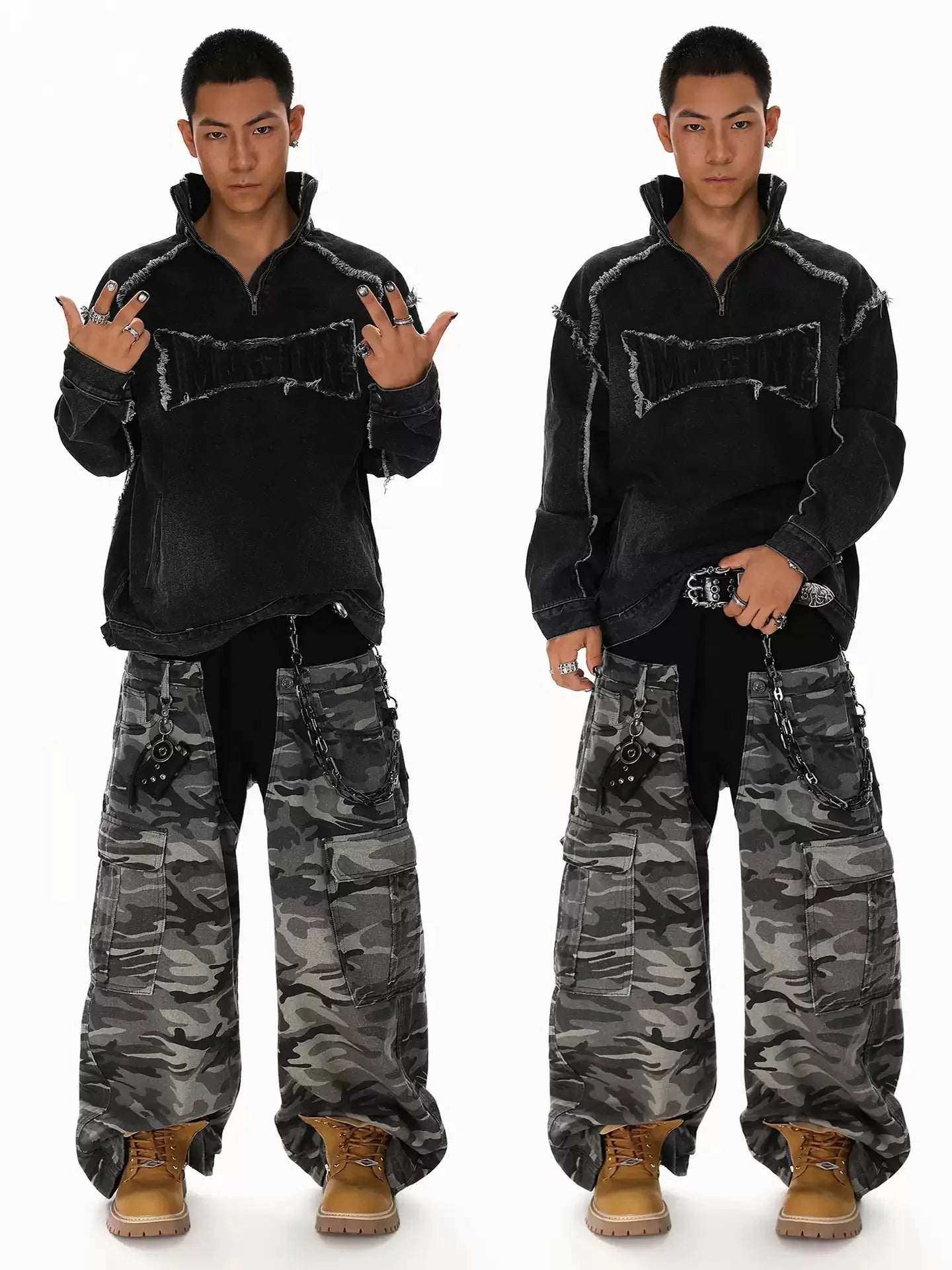 American Style High Street Splicing For Man New Style Handsome Loose Stand Collar Washing Fashionable Denim Sweatshirt