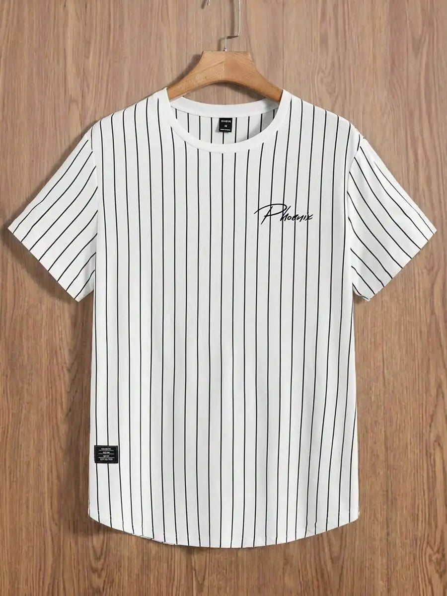 Men's White Black Vertical Stripe Graphic Tee, Casual Streetwear Style