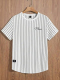 Men's White Black Vertical Stripe Graphic Tee, Casual Streetwear Style