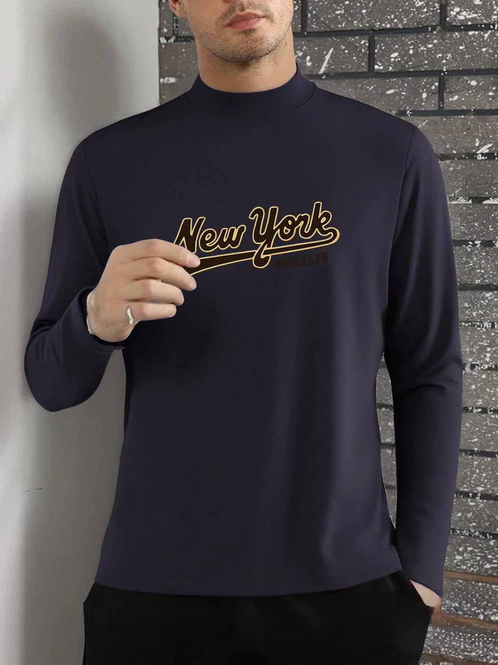 New York Brooklyn Printed T-Shirts Men Winter Fleece Tops Slim Fit Warm Half Turtleneck Bottoming Shirt Casual Men'S Clothes