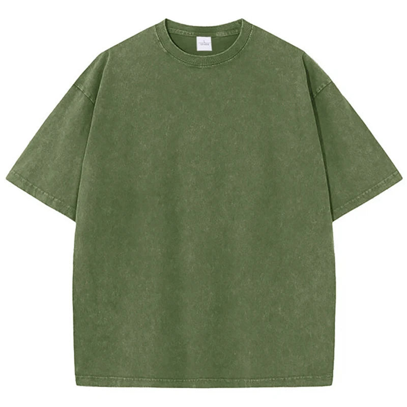 Men's summer pure cotton distressed retro drop shoulder T-shirt solid color loose casual breathable men's casual T-shirt tops