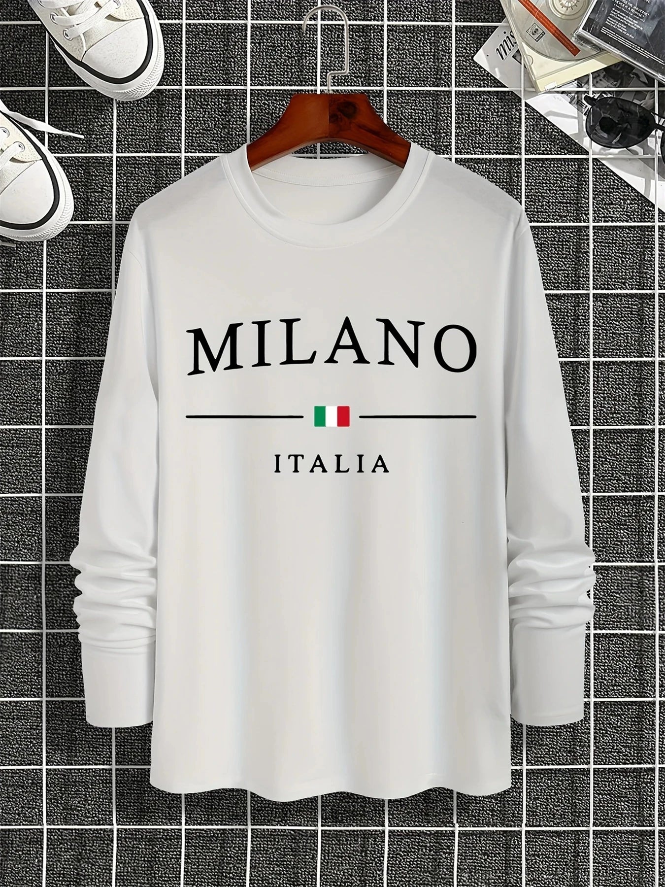 100% pure cotton men's long sleeved round neck loose casual MILANO ITALIA printed spring and autumn versatile T-shirt top