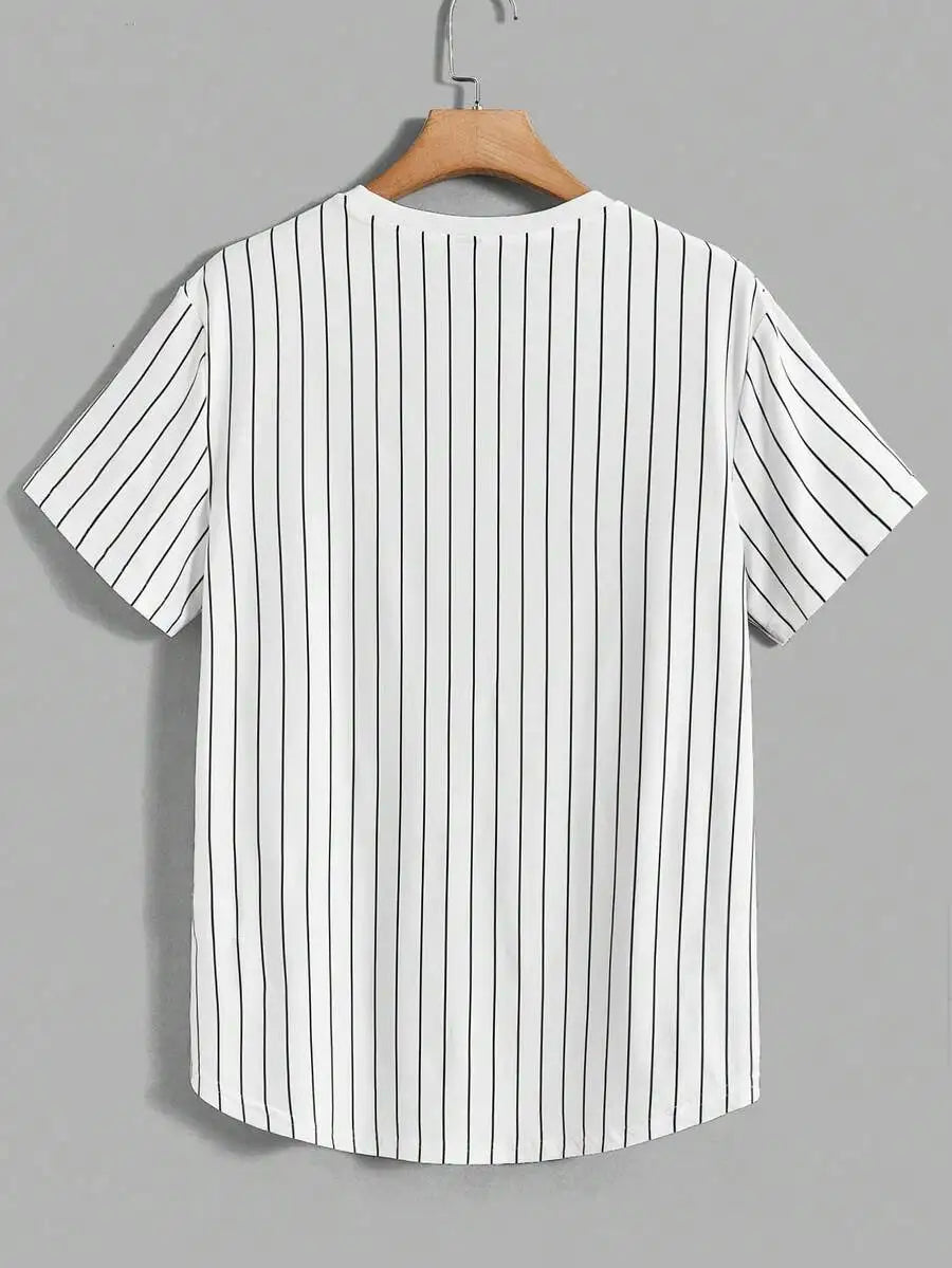Men's White Black Vertical Stripe Graphic Tee, Casual Streetwear Style