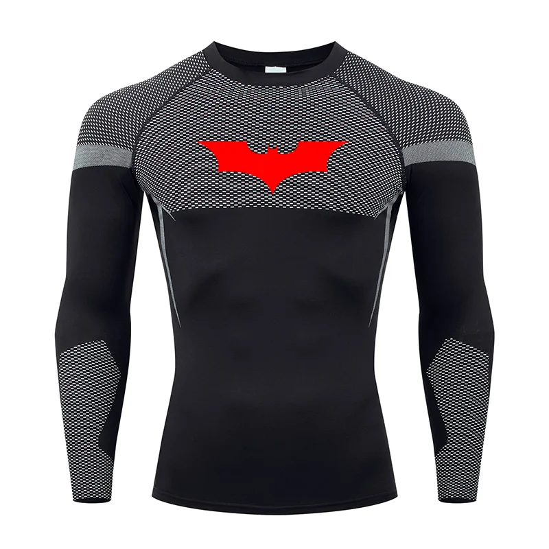 Bat Print Long Sleeve Compression Shirts for Men Gym Workout Running Tees Athletic Quick Dry Tshirts Tops Rash Guard Baselayers