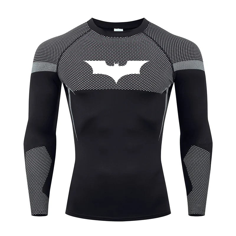 Bat Print Long Sleeve Compression Shirts for Men Gym Workout Running Tees Athletic Quick Dry Tshirts Tops Rash Guard Baselayers