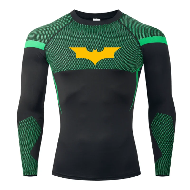 Bat Print Long Sleeve Compression Shirts for Men Gym Workout Running Tees Athletic Quick Dry Tshirts Tops Rash Guard Baselayers