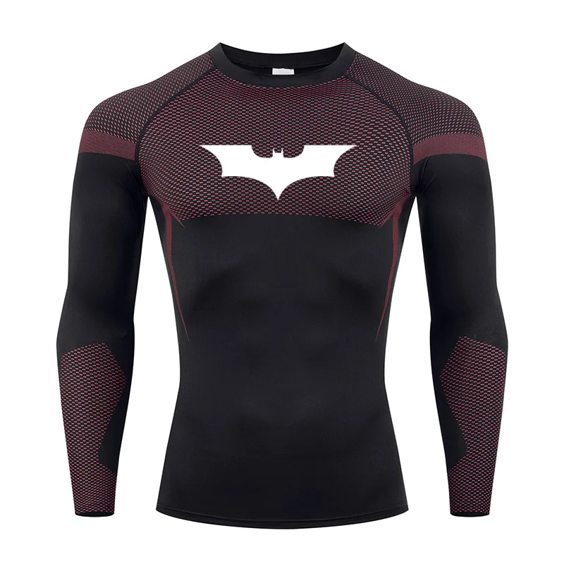 Bat Print Long Sleeve Compression Shirts for Men Gym Workout Running Tees Athletic Quick Dry Tshirts Tops Rash Guard Baselayers