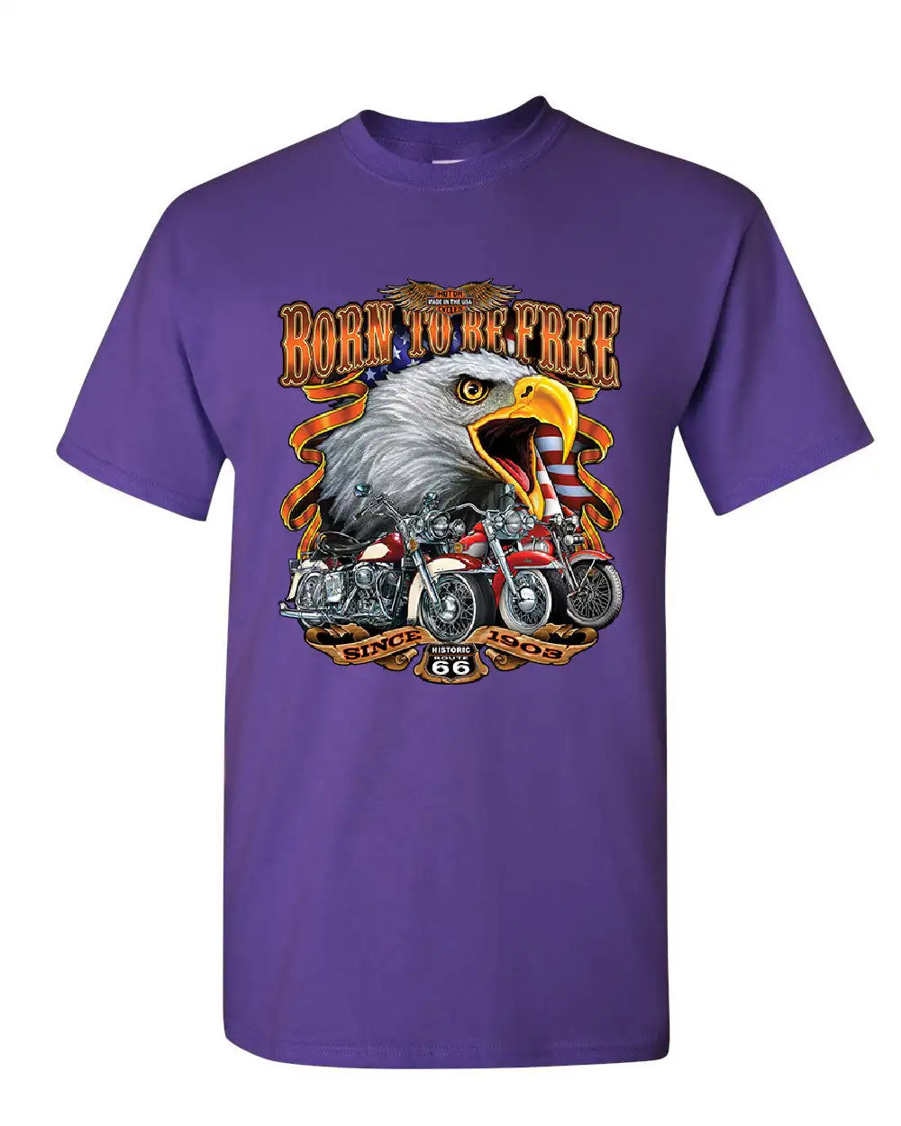 Born To Be Free Historic Route 66 Bald Eagle Motorcycle T-Shirt 100% Cotton O-Neck Short Sleeve Summer Casual Mens T-shirt