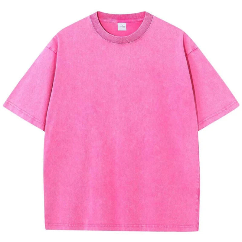 Men's summer pure cotton distressed retro drop shoulder T-shirt solid color loose casual breathable men's casual T-shirt tops