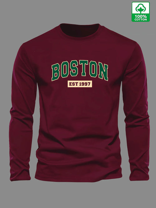 100% cotton men's long sleeved round neck loose BOSTON EST 1997 letter printed autumn and winter casual versatile T-shirt top