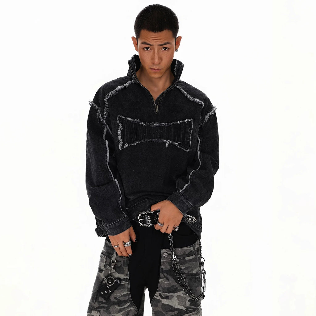 American Style High Street Splicing For Man New Style Handsome Loose Stand Collar Washing Fashionable Denim Sweatshirt