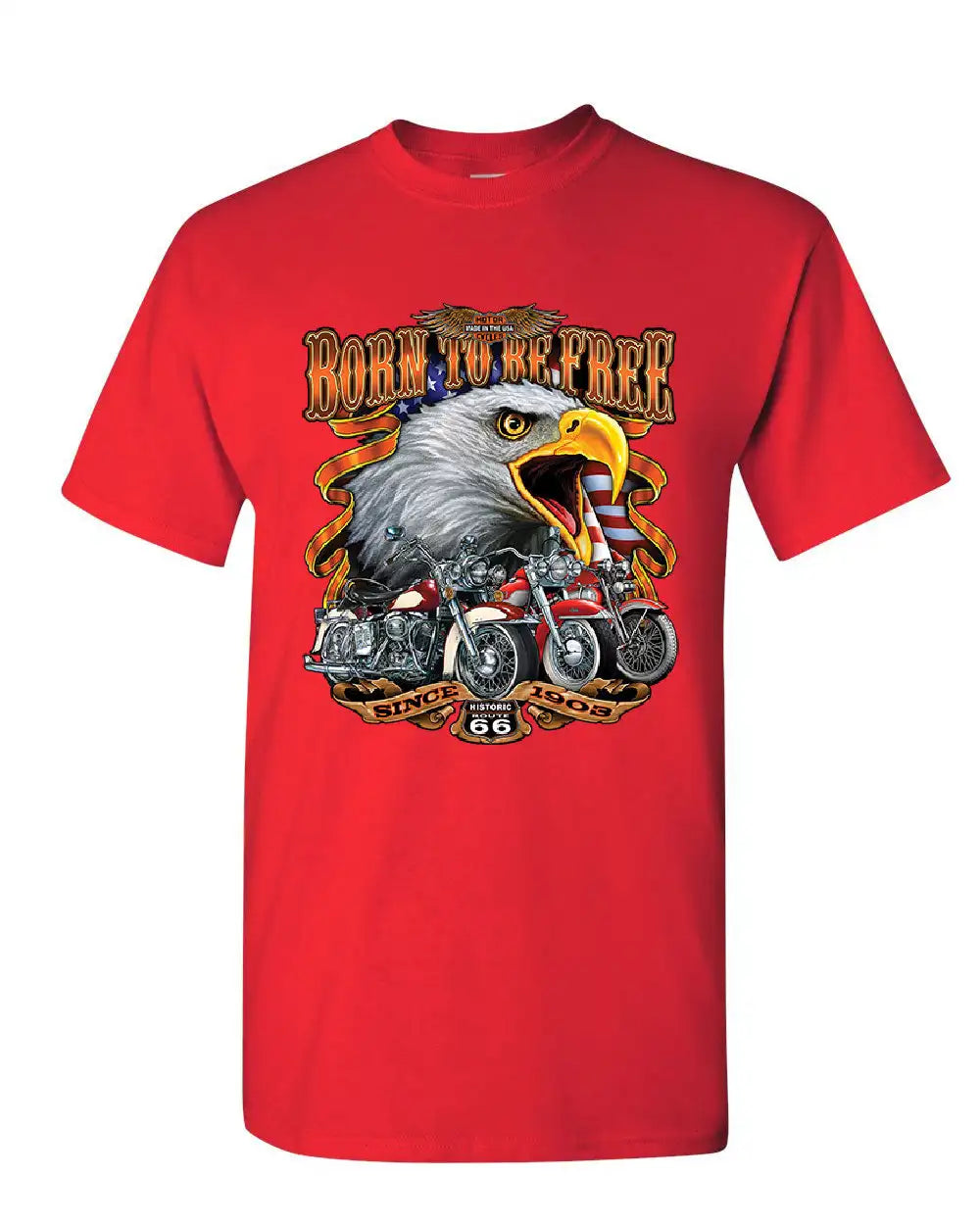 Born To Be Free Historic Route 66 Bald Eagle Motorcycle T-Shirt 100% Cotton O-Neck Short Sleeve Summer Casual Mens T-shirt