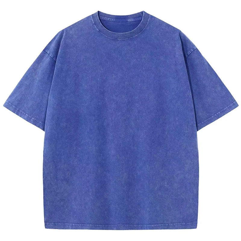 Men's summer pure cotton distressed retro drop shoulder T-shirt solid color loose casual breathable men's casual T-shirt tops