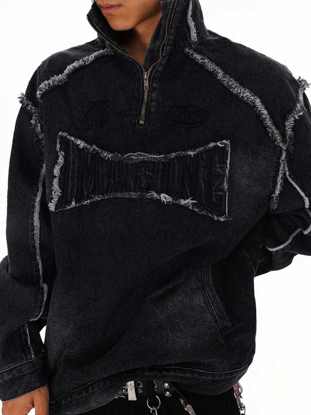 American Style High Street Splicing For Man New Style Handsome Loose Stand Collar Washing Fashionable Denim Sweatshirt