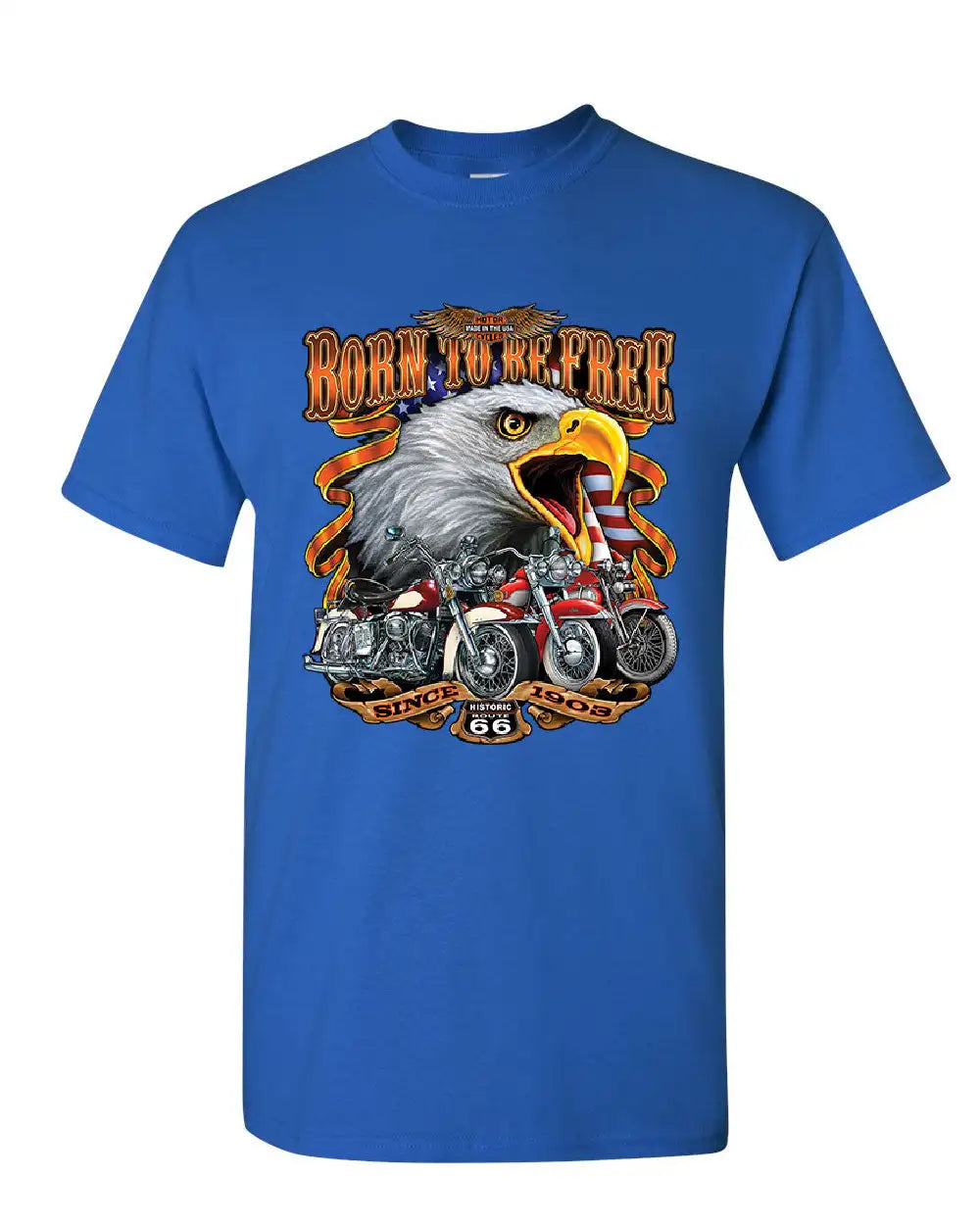 Born To Be Free Historic Route 66 Bald Eagle Motorcycle T-Shirt 100% Cotton O-Neck Short Sleeve Summer Casual Mens T-shirt