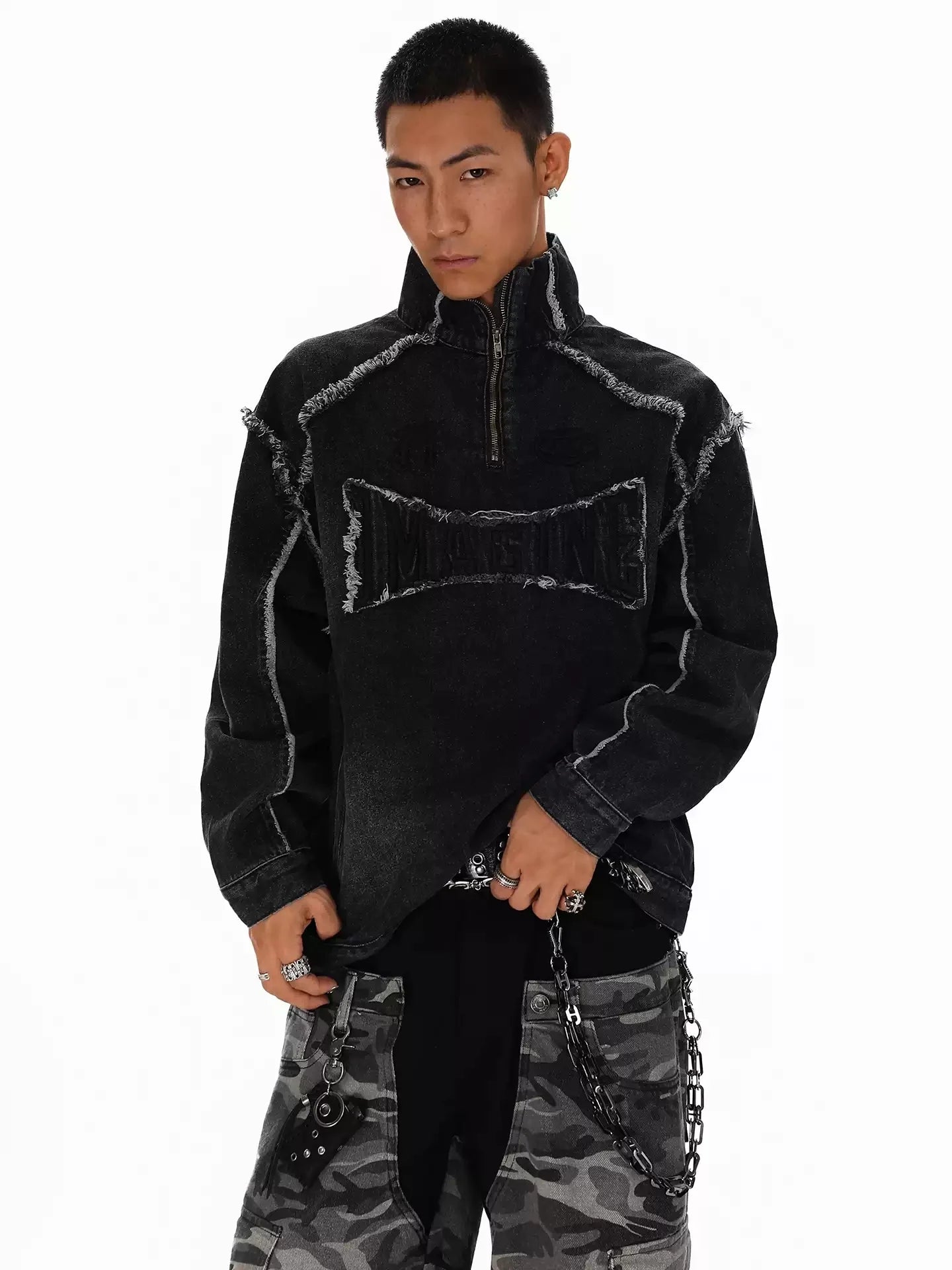 American Style High Street Splicing For Man New Style Handsome Loose Stand Collar Washing Fashionable Denim Sweatshirt