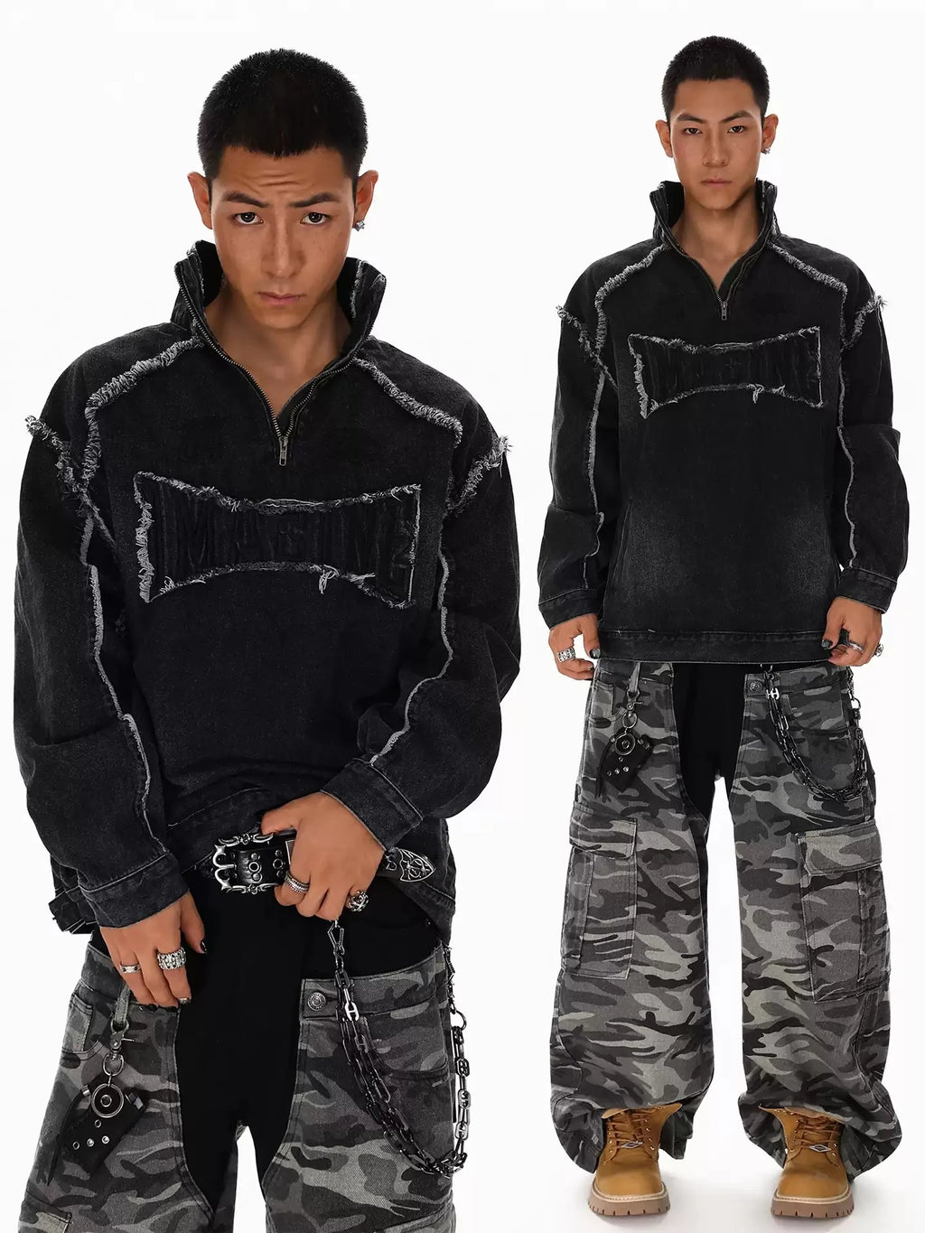 American Style High Street Splicing For Man New Style Handsome Loose Stand Collar Washing Fashionable Denim Sweatshirt