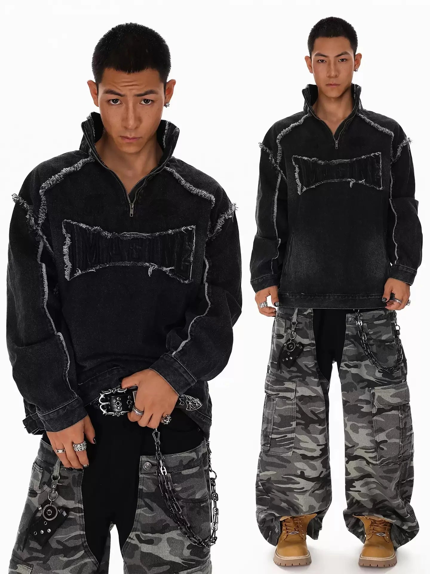 American Style High Street Splicing For Man New Style Handsome Loose Stand Collar Washing Fashionable Denim Sweatshirt