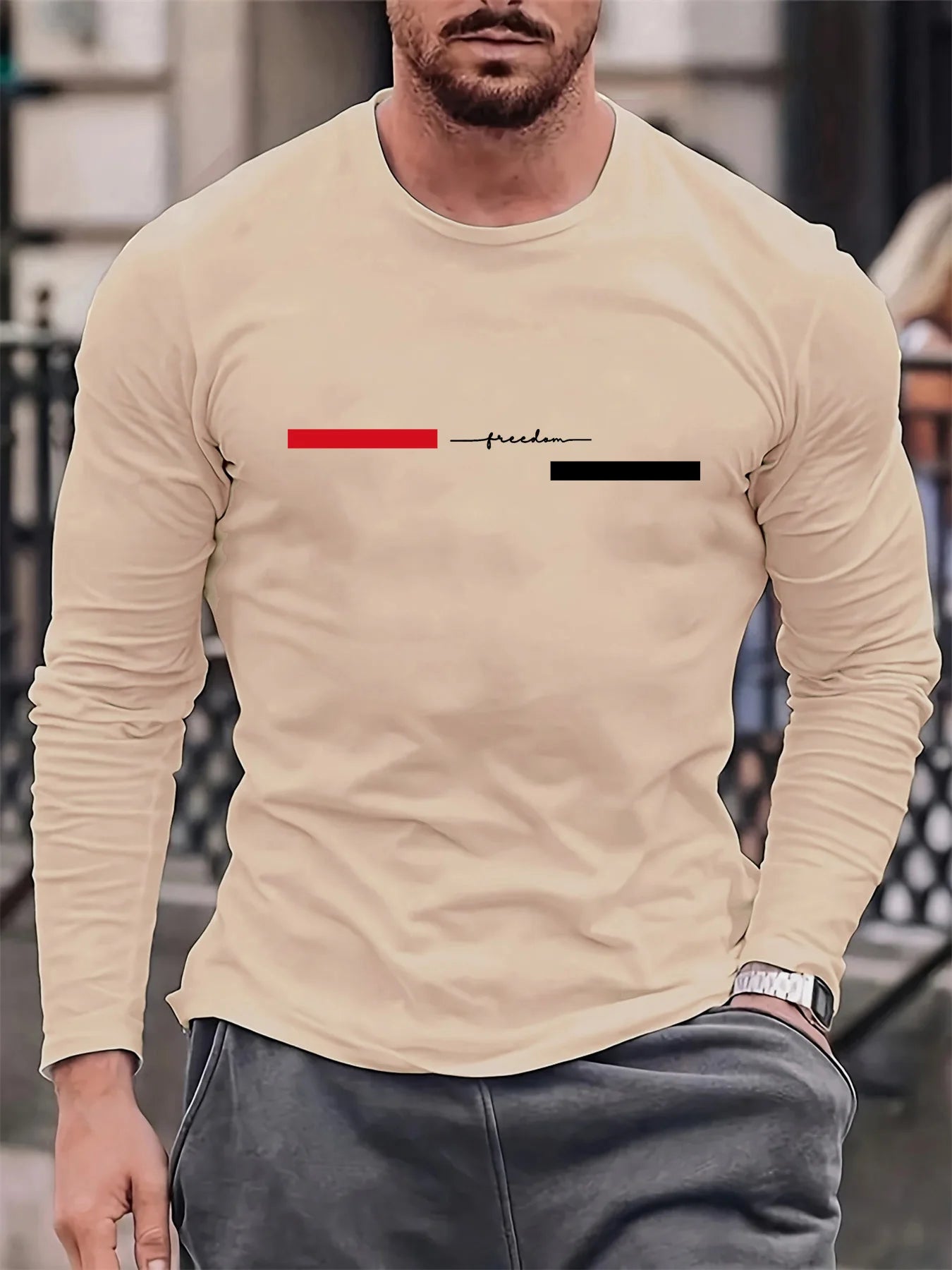 100% pure cotton men's long sleeved round neck loose casual freedom letter pattern printed spring and autumn versatile T-shirt